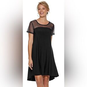 Nina Leonard Black Polka Dot Mesh Swing Dress with Poskets